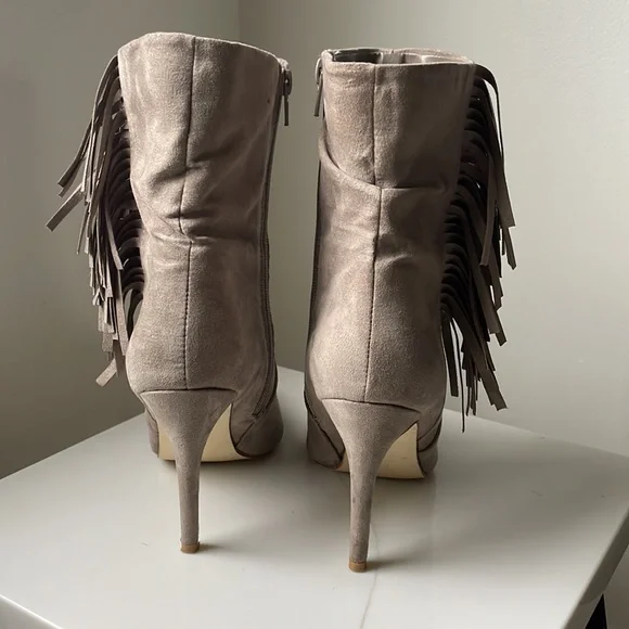Taupe Fringe Pointed Toe Booties Suede Fall Bootie - Picture 3 of 6
